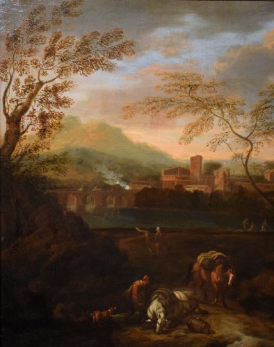 Tableaux et dessins Tableaux XVIIe siècle - Paysage idyllique au coucher du soleil - Atelier de Johann H. Roos (1631-1685)